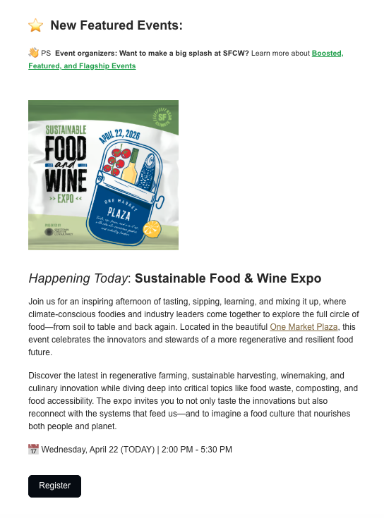 Example of a Featured Event in the SF Climate Week newsletter: hero image, headline, full description, date and Register button.