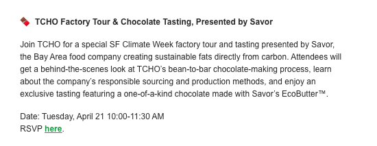 Example of a Boosted event listing in the SF Climate Week newsletter: event title, short description, date and RSVP link.